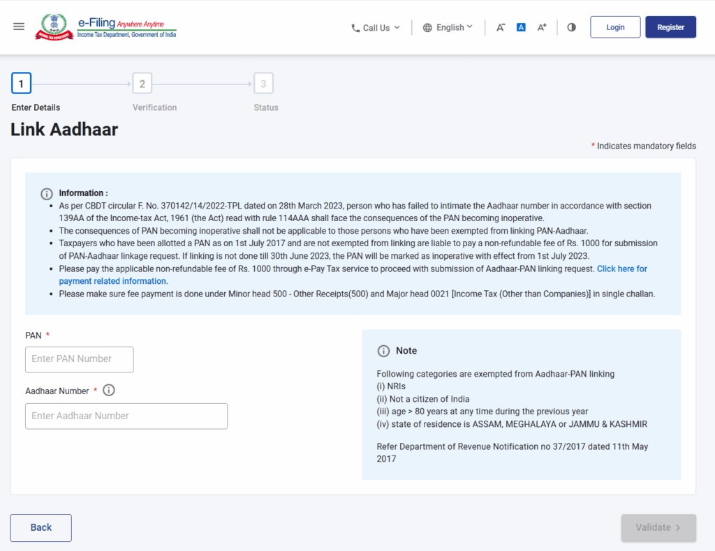 link Pan card to Azadhar card